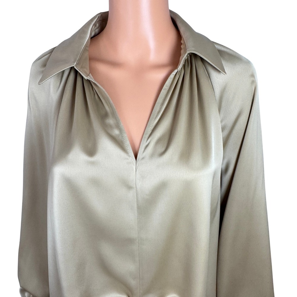 Anne Klein Coffee Cream Tie Front Satin Blouse Long Sleeve V-Neck Top Medium NEW - Picture 4 of 15